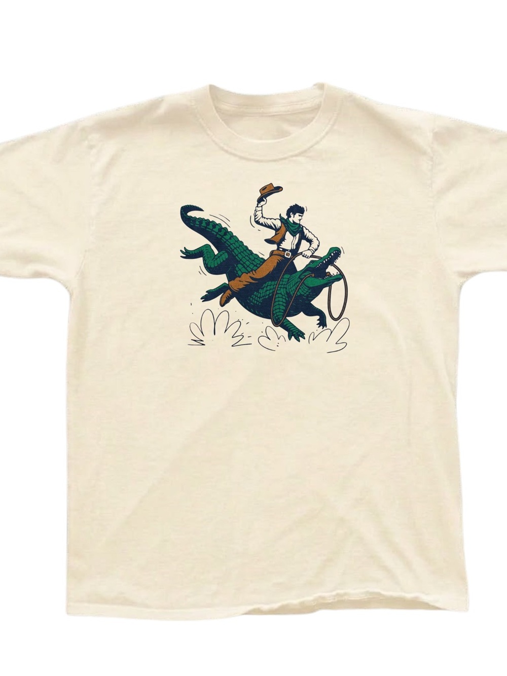 Gildan Cream Graphic Tee with Green Alligator Rider Illustration